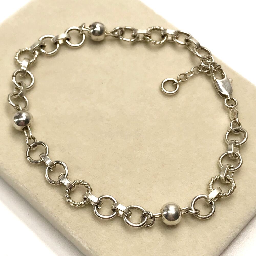 VTG Italy 925 Sterling Silver Twisted Rope Ring Ball Station Chain Bracelet